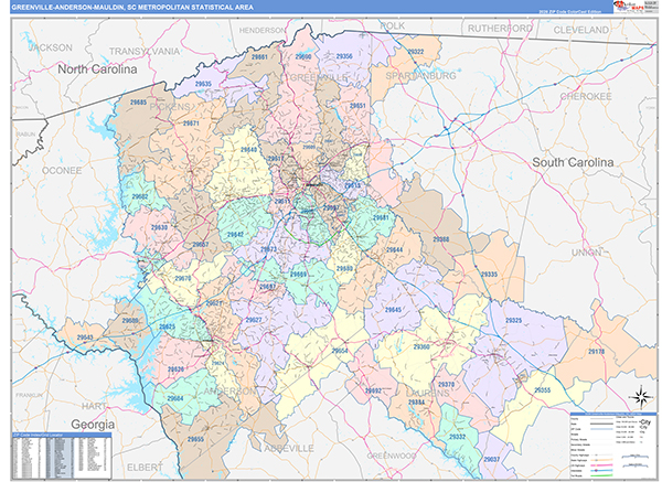 Greenville-Anderson-Mauldin Metro Area Wall Map Color Cast Style
